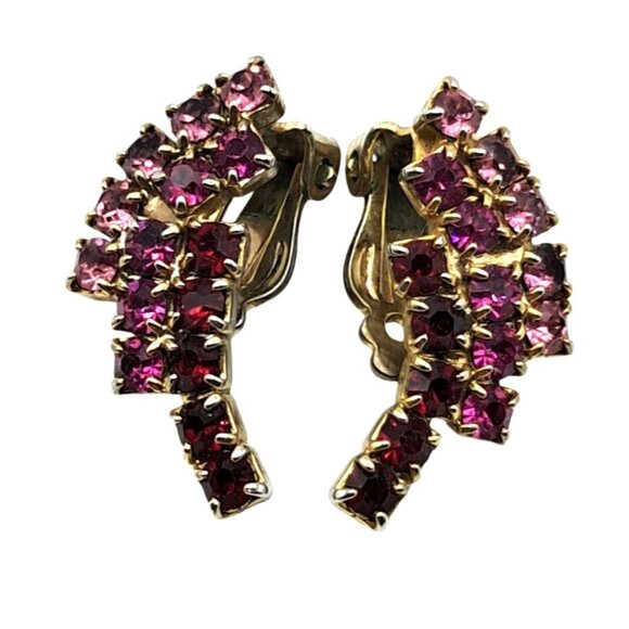 Vintage Rhinestone Jewelry Set Pink Red Gold Tone Brooch & Clip-On Earrings Infi - Picture 11 of 12
